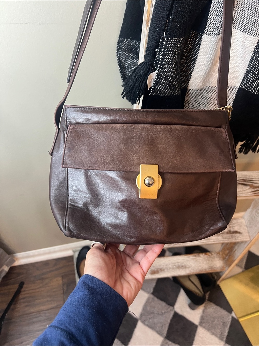 Perlina NY Vintage Brown Leather Crossbody Shoulder Bag